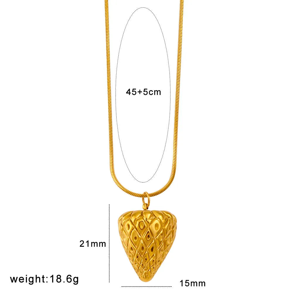 Stainless steel fruit necklace pendant showing six colour options including apple, grape and watermelon designs