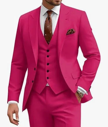 Men's slim fit three-piece suit in chemical fibre blend fabric available in multiple colours