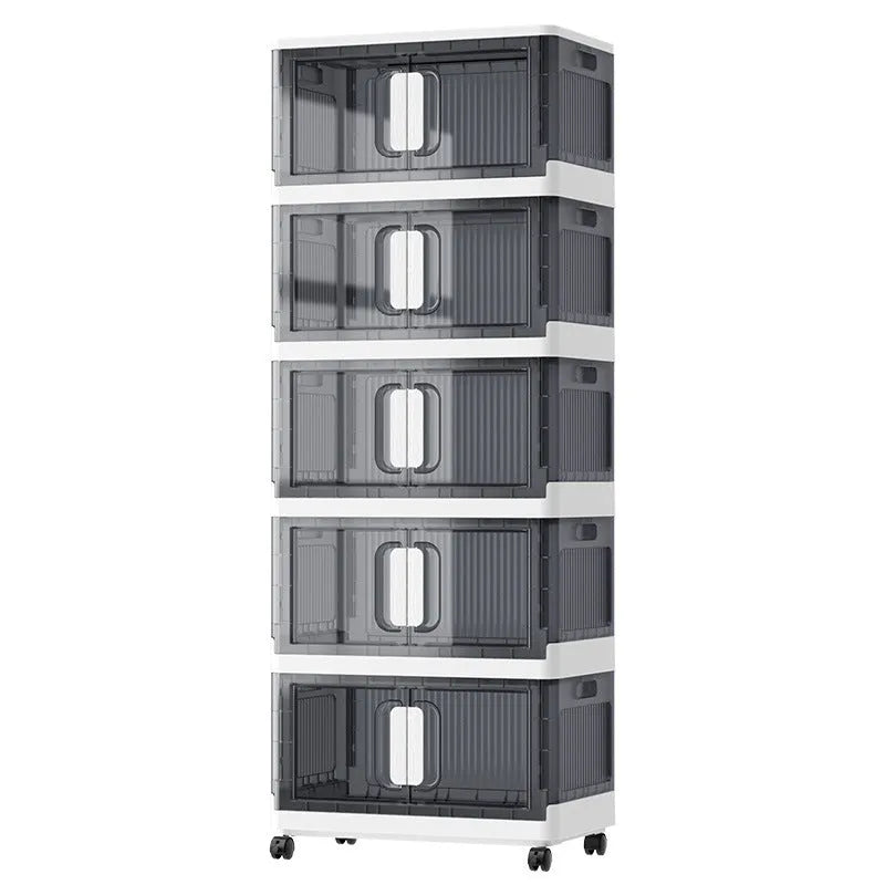A foldable white PP plastic storage locker with wheels and multiple adjustable internal shelves.