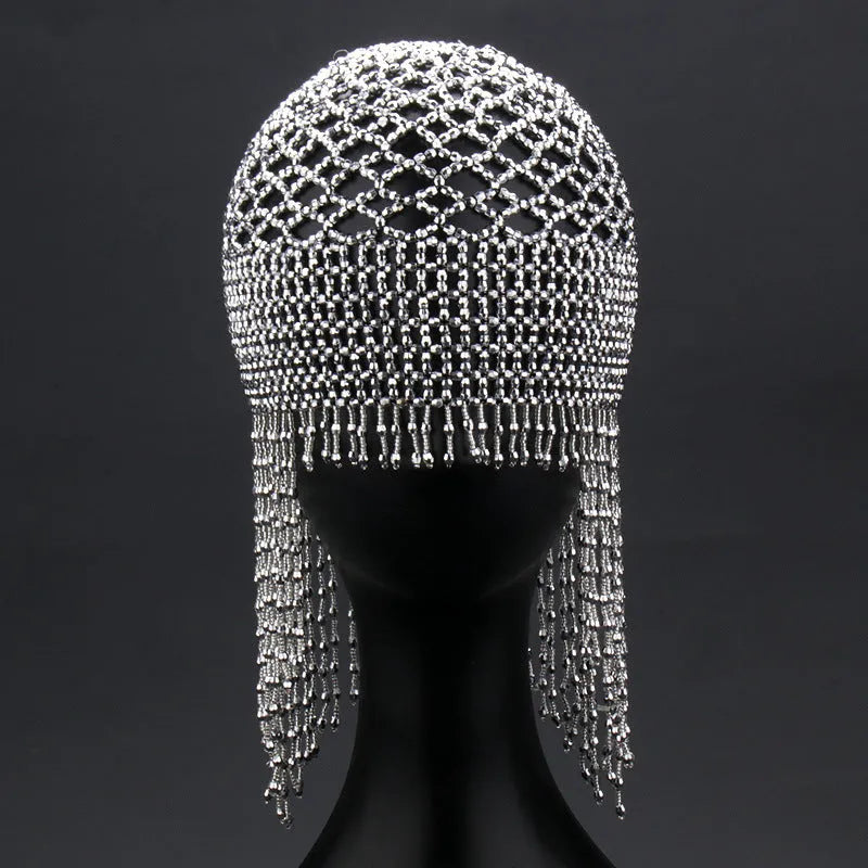 Belly dance headwear hair ornament with beaded alloy construction and long tassels
