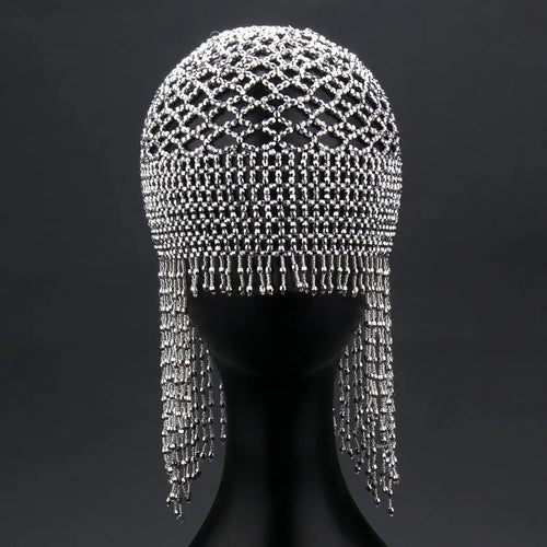 Belly dance headwear hair ornament with beaded alloy construction and long tassels