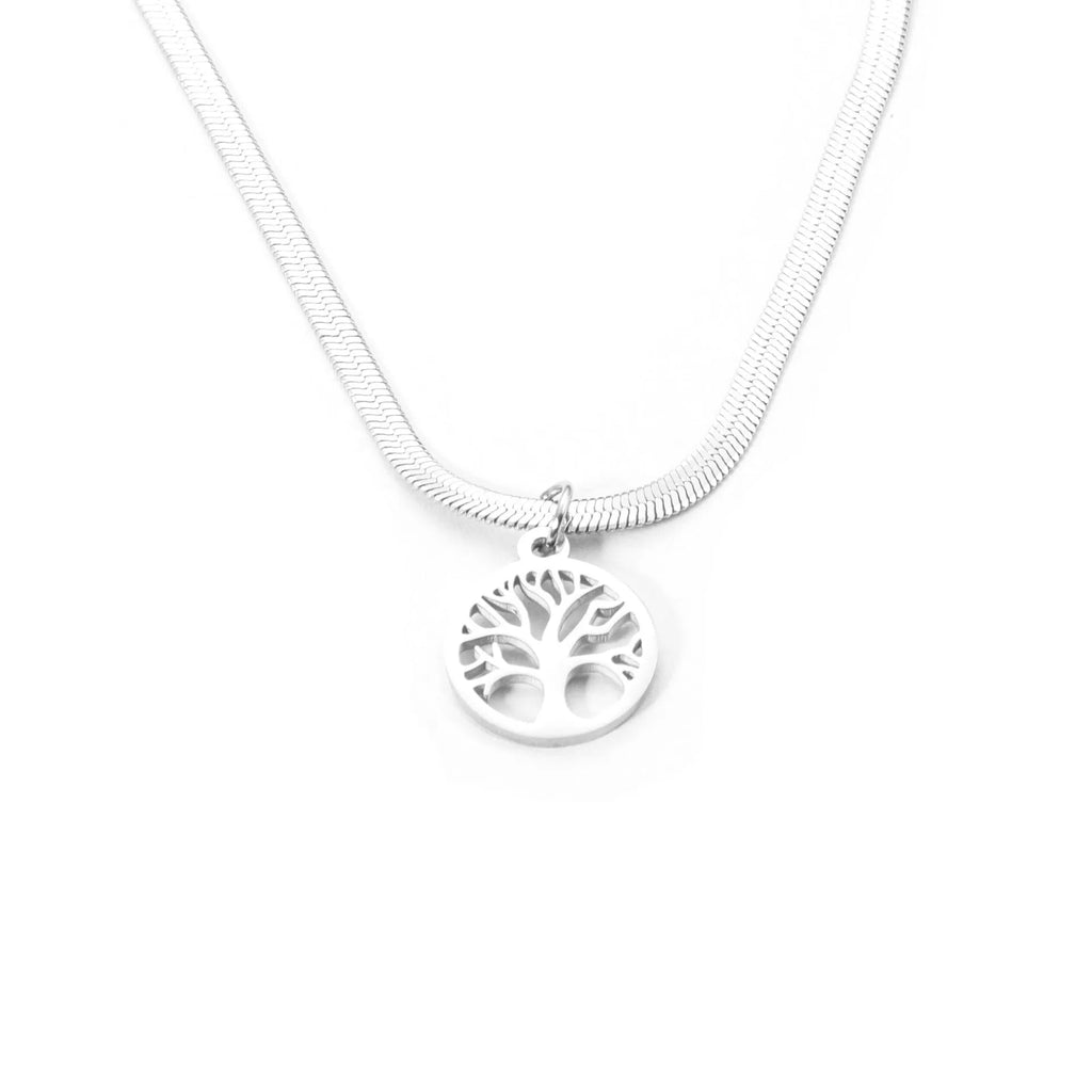 Stainless steel necklace with tree pendant on snake bone chain in gold or steel colour.