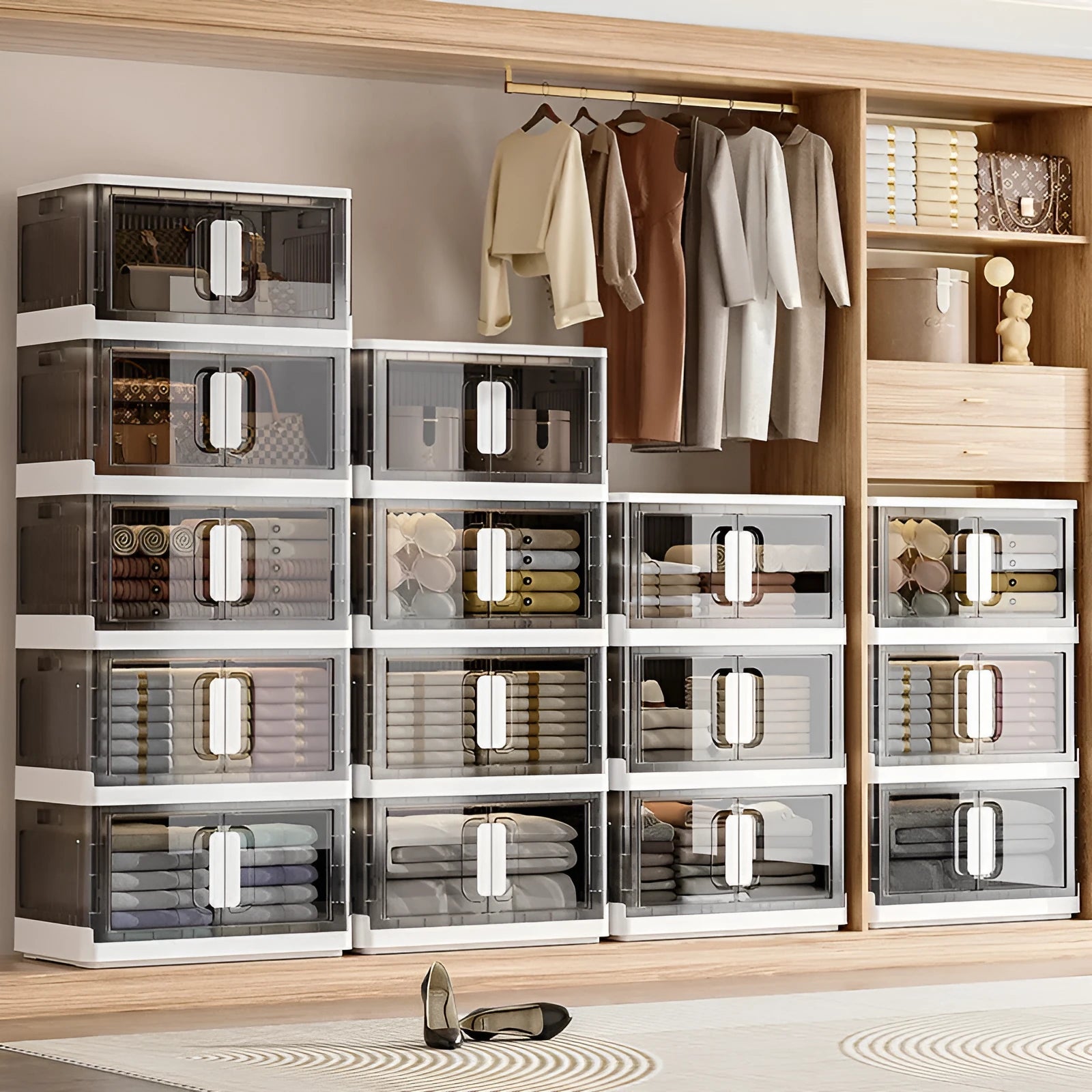 A foldable white PP plastic storage locker with wheels and multiple adjustable internal shelves.
