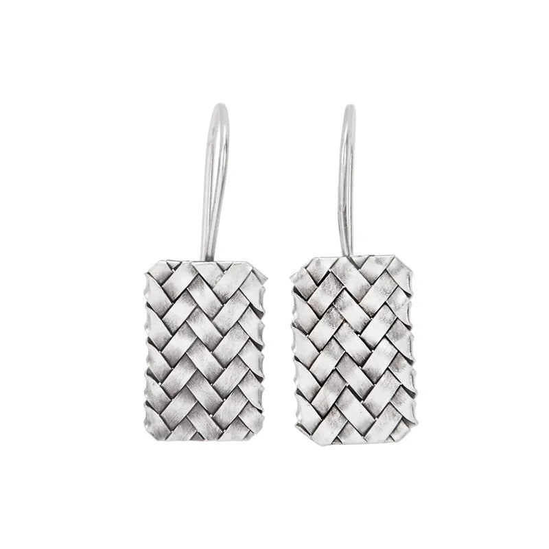 Silver geometric woven diamond plaid drop earrings on 925 sterling silver posts