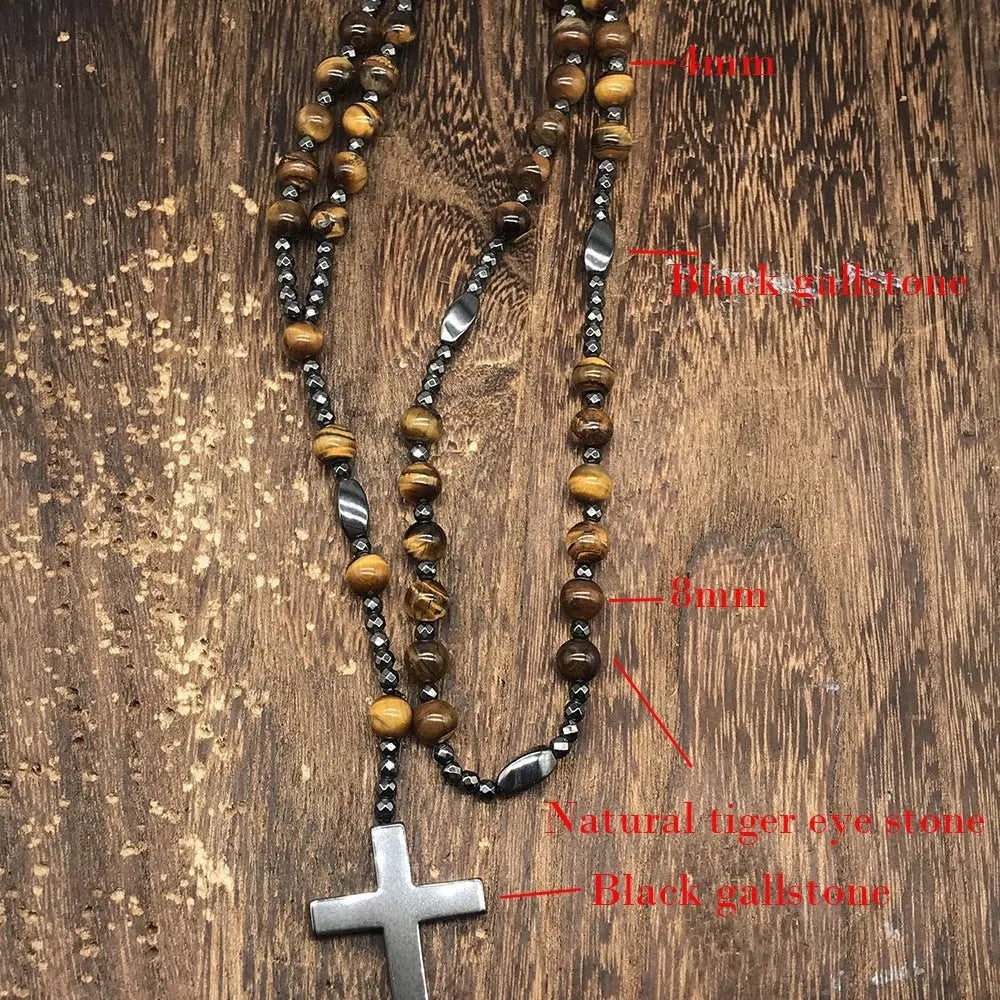 Men's stone cross pendant necklace with hand-woven detail on an 80cm ball bead chain.