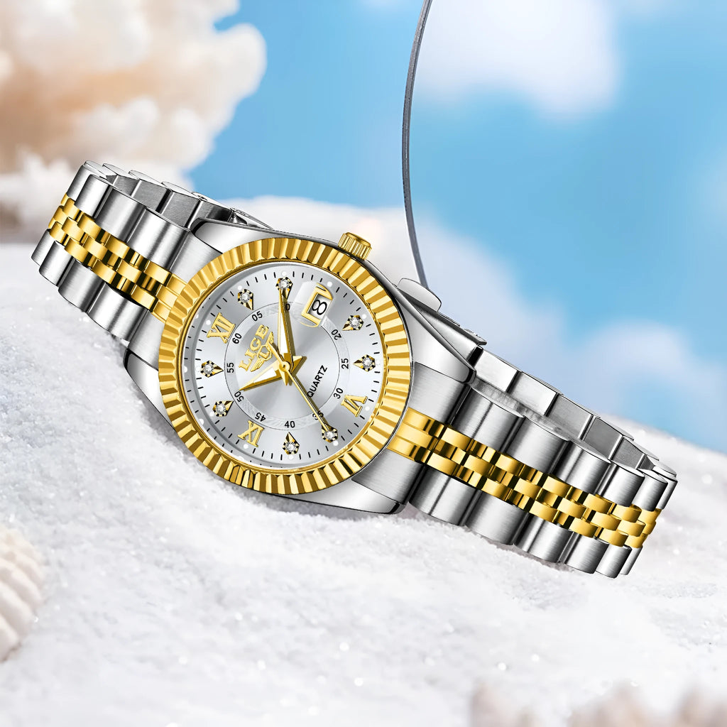 Women's quartz fashion watch in gold and silver colour options with 10mm thickness