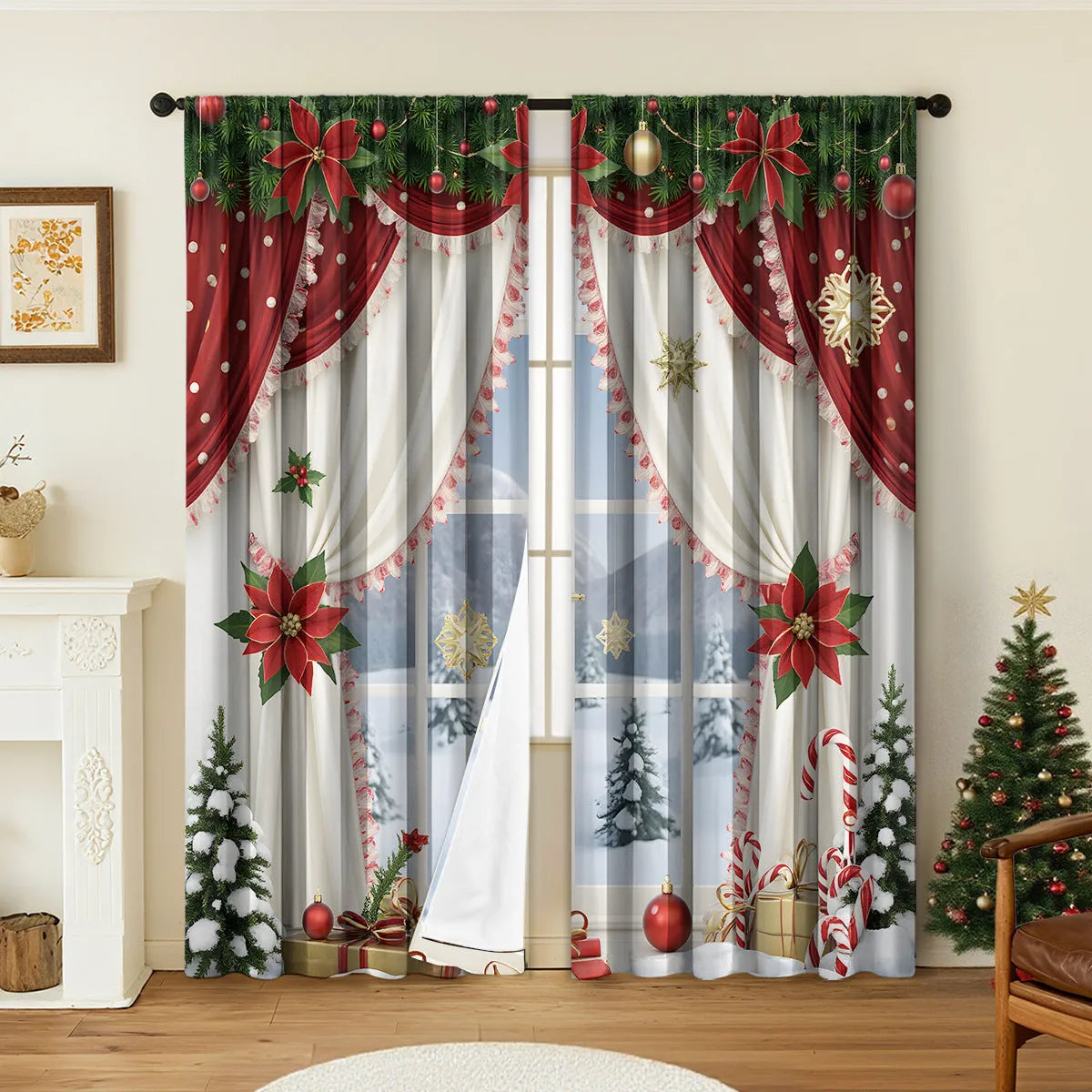 Pair of 3D digital printed polyester Christmas curtains with high sunshade capability in various sizes