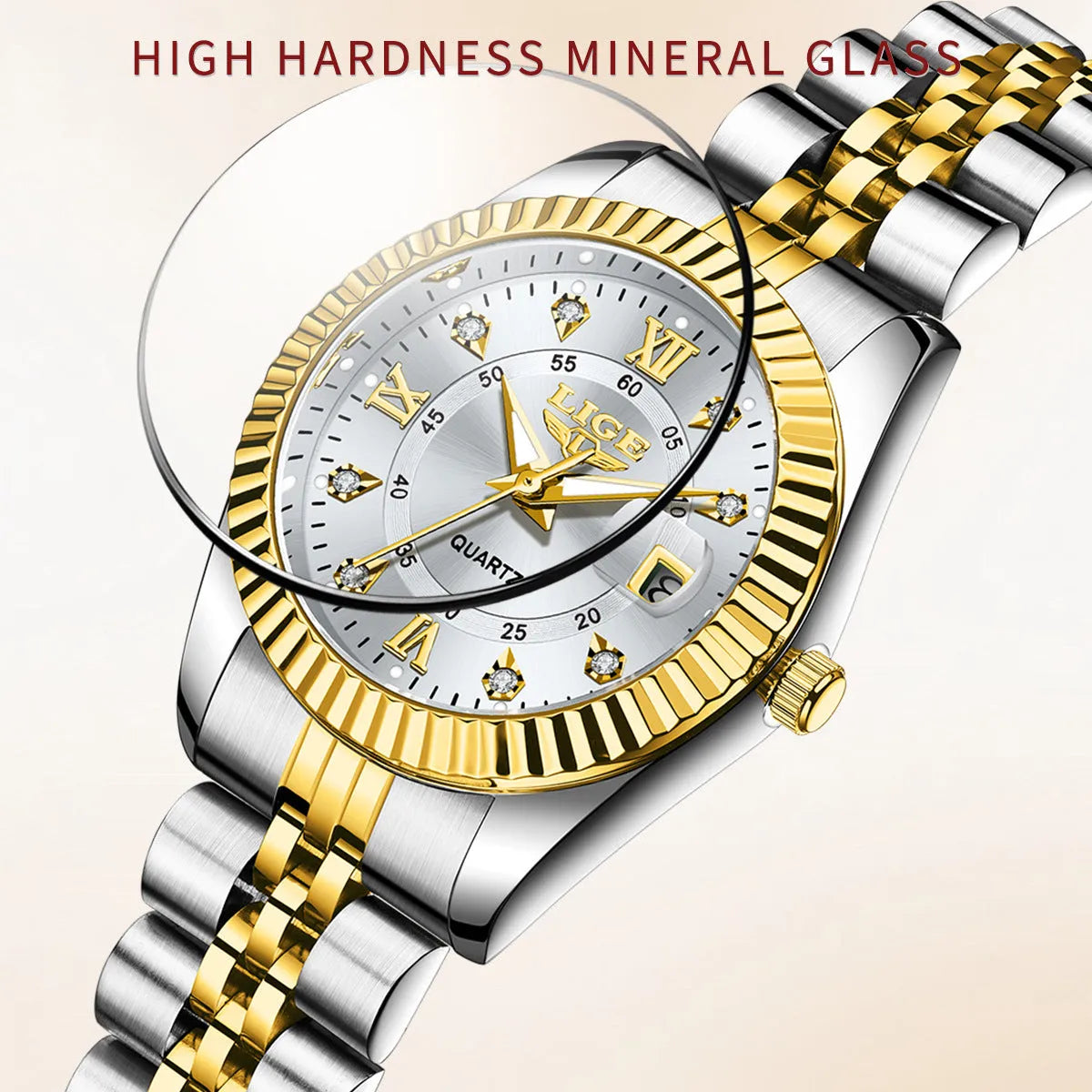 Women's quartz fashion watch in gold and silver colour options with 10mm thickness
