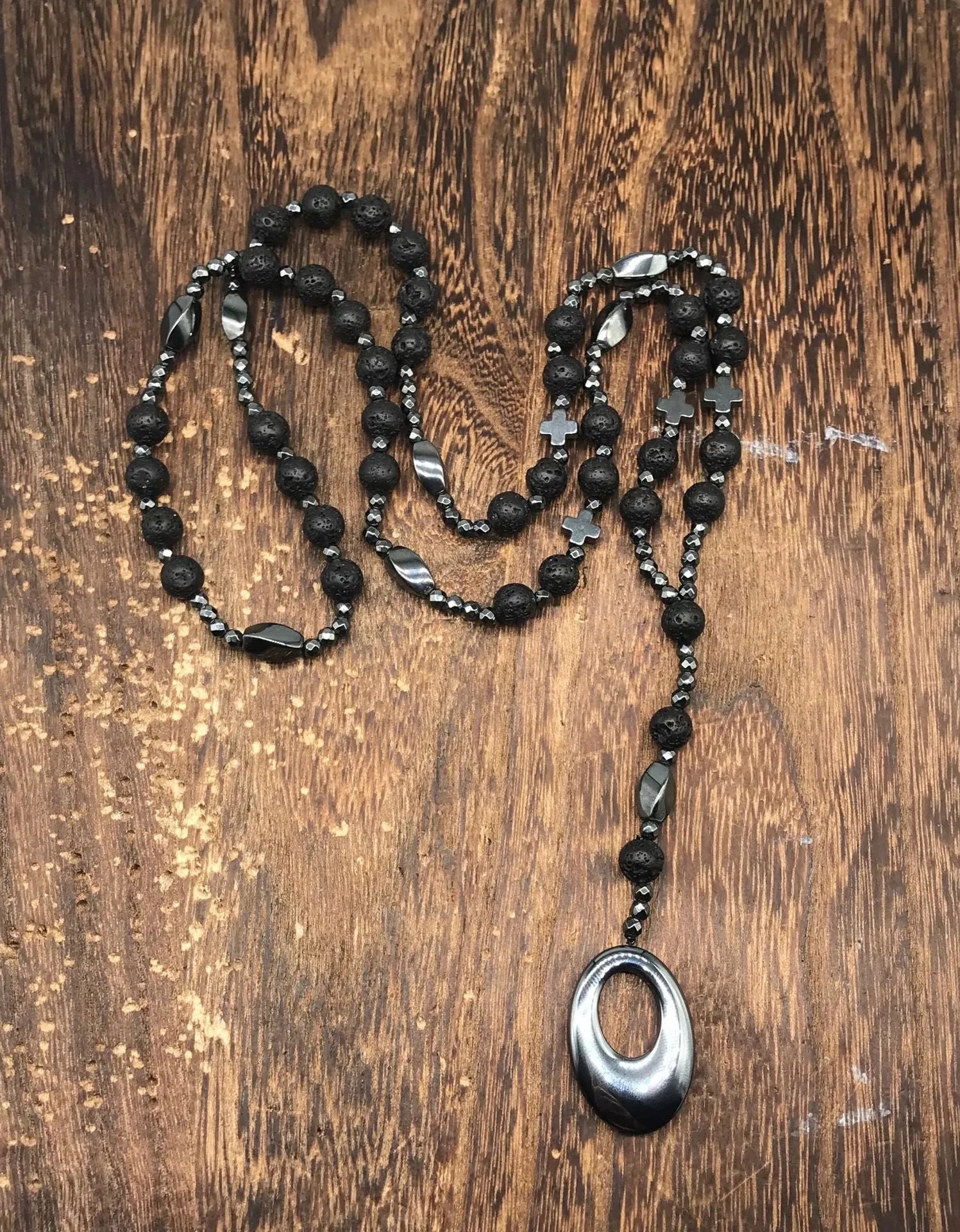 Men's stone cross pendant necklace with hand-woven detail on an 80cm ball bead chain.
