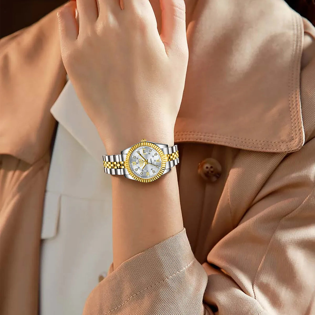 Women's quartz fashion watch in gold and silver colour options with 10mm thickness