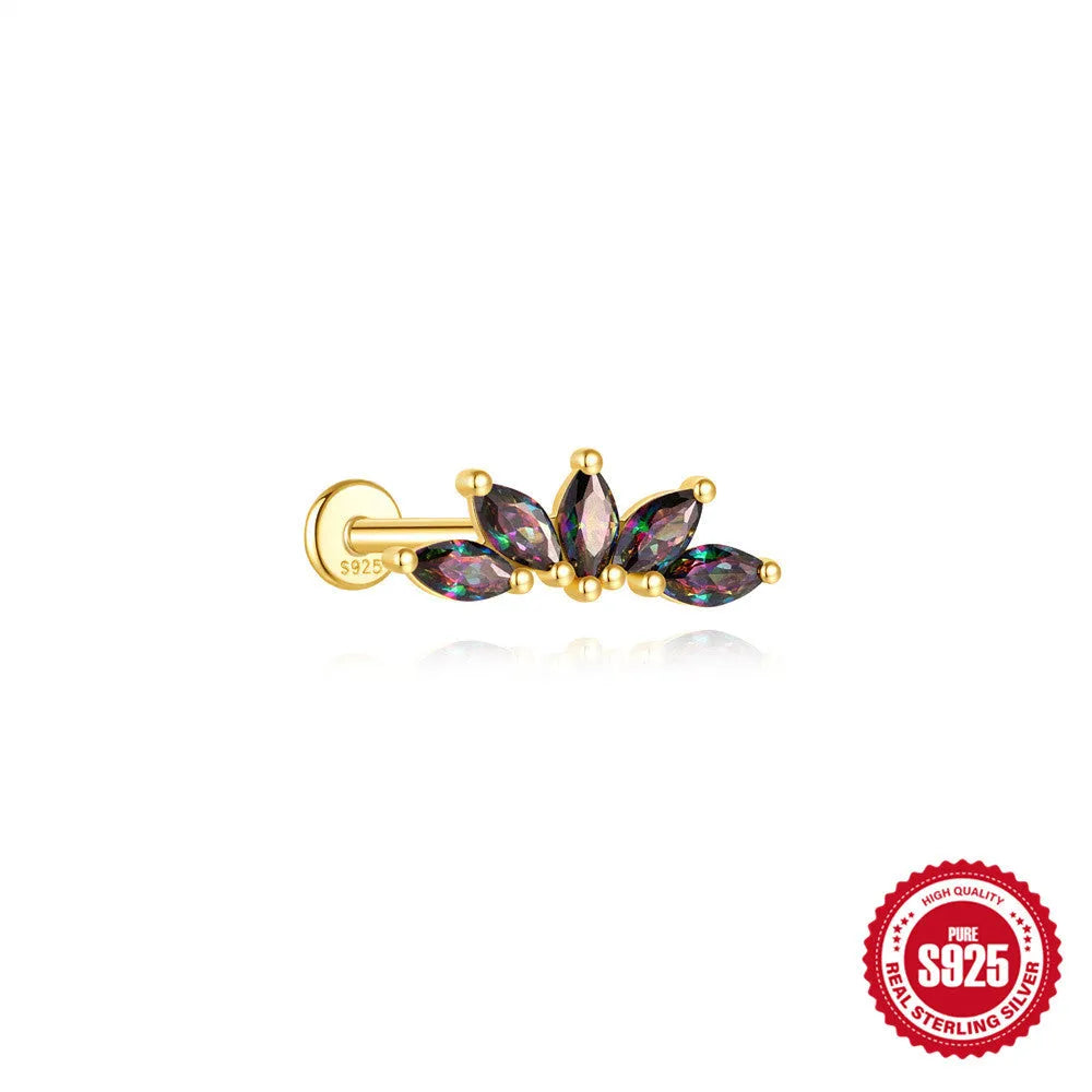 S925 sterling silver thread piercing earring with super shiny rainbow stone flat head in single gold colour.