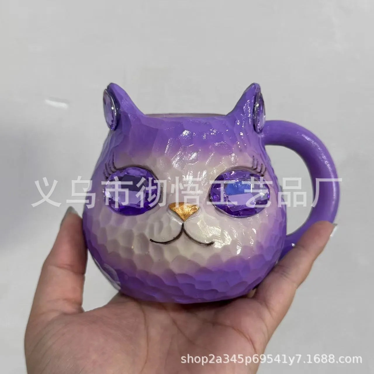 Translucent resin cat cup ornament in American style, shown in purple, green, blue, and pink colour options.