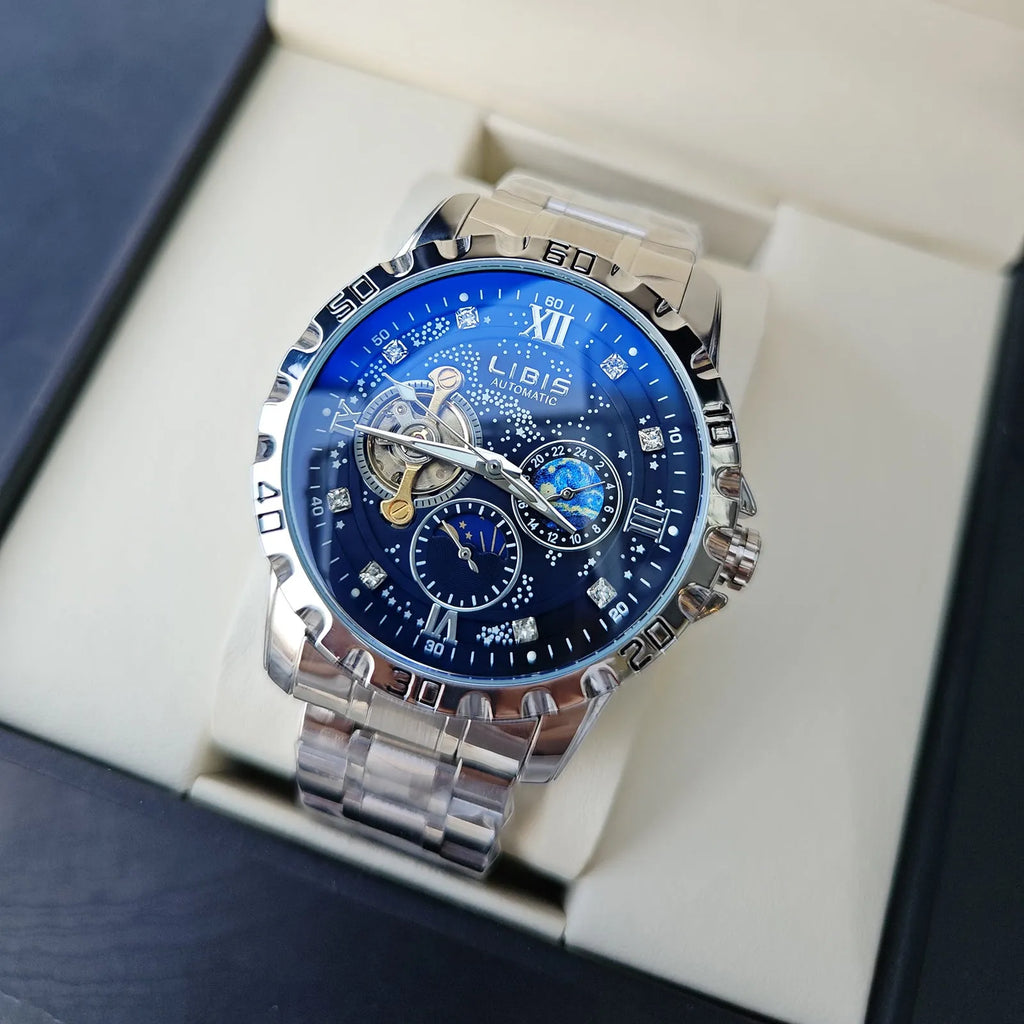 Men's silver case automatic mechanical watch with black steel belt and luminous waterproof features