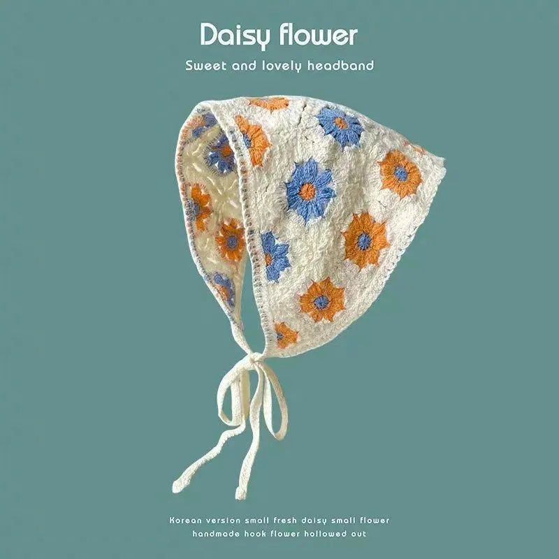 Cotton triangular headscarf with French retro floral pattern in multiple colour options