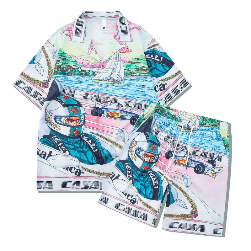 Men's plaid print short sleeve shirt and matching trousers, a two-piece casual beach outfit set.
