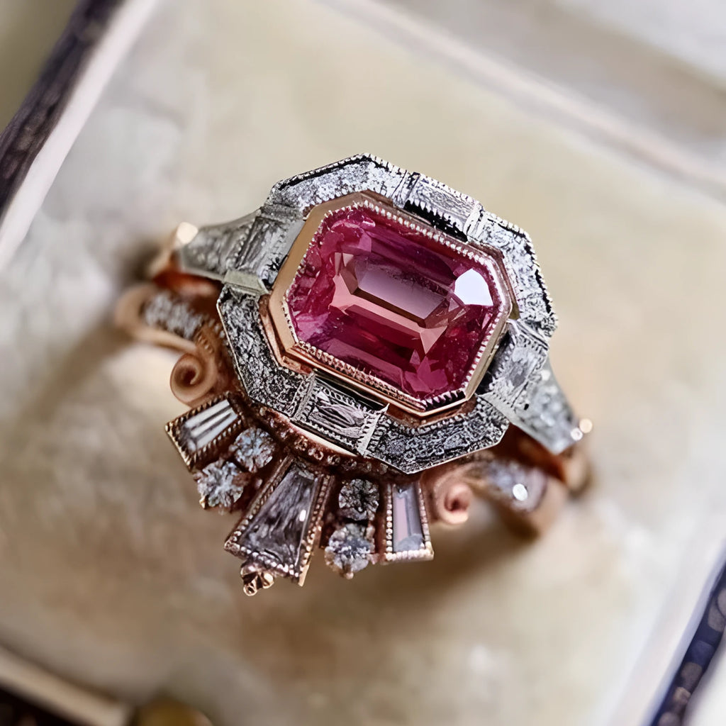 Rose gold colour women's fashion ring with ruby design in European and American retro style