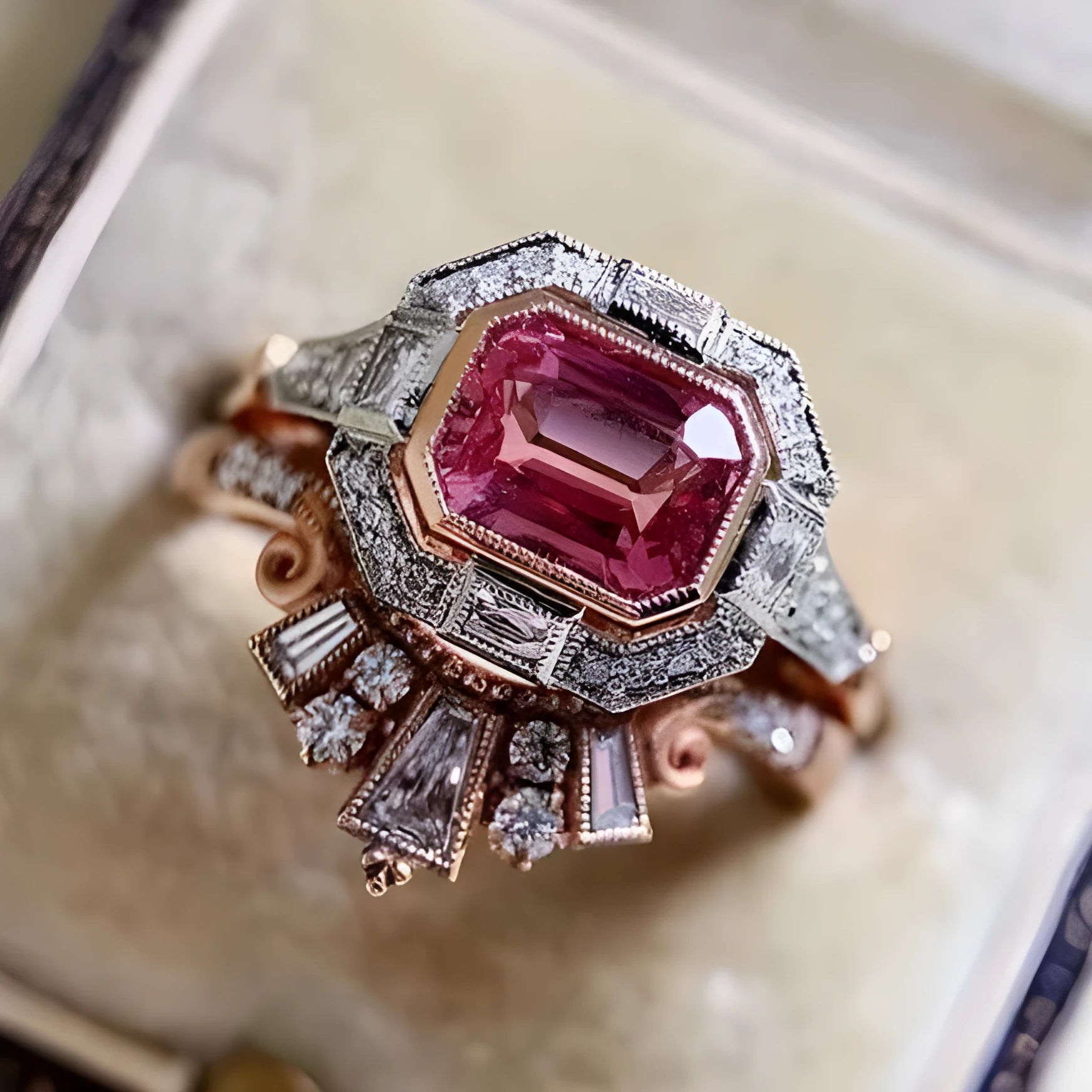 Rose gold colour women's fashion ring with ruby design in European and American retro style
