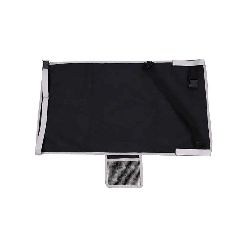 Portable blue children's aircraft seat extender with adjustable pedal device and matching drawstring pocket.
