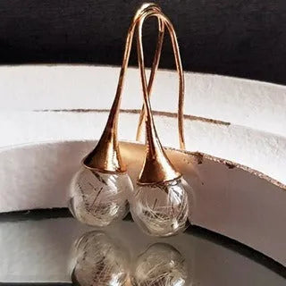 Transparent glass ball earrings on a French hook, showing dandelion seed design in silver and bronze finishes.