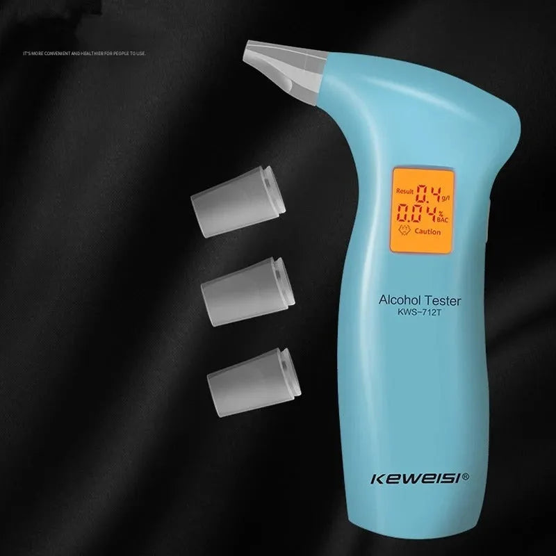 Portable orange light breath alcohol tester with replaceable mouthpieces in black and blue colour options