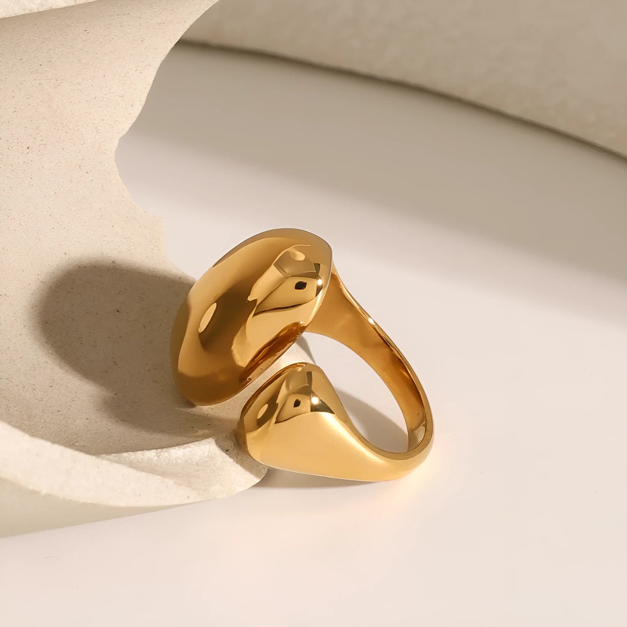 Geometric open ring in electroplated stainless steel with exaggerated European-American design