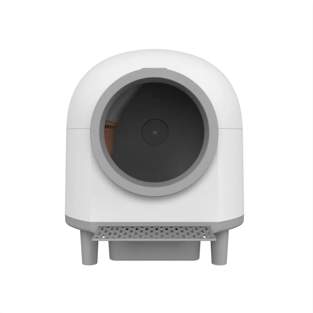 White automatic enclosed cat litter box with ABS plastic construction for indoor cats