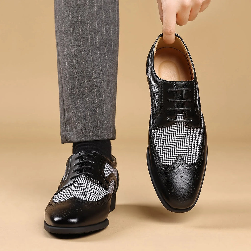 Men's black imitation houndstooth pattern casual canvas shoes with square toe and lace-up front.