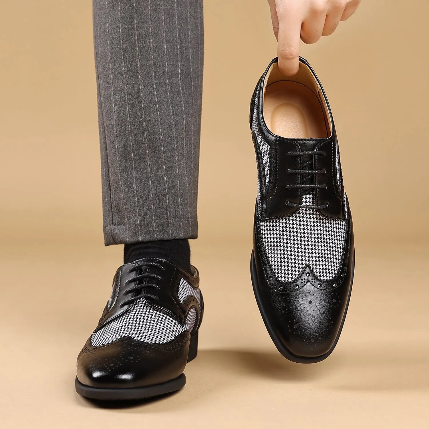 Men's black imitation houndstooth pattern casual canvas shoes with square toe and lace-up front.