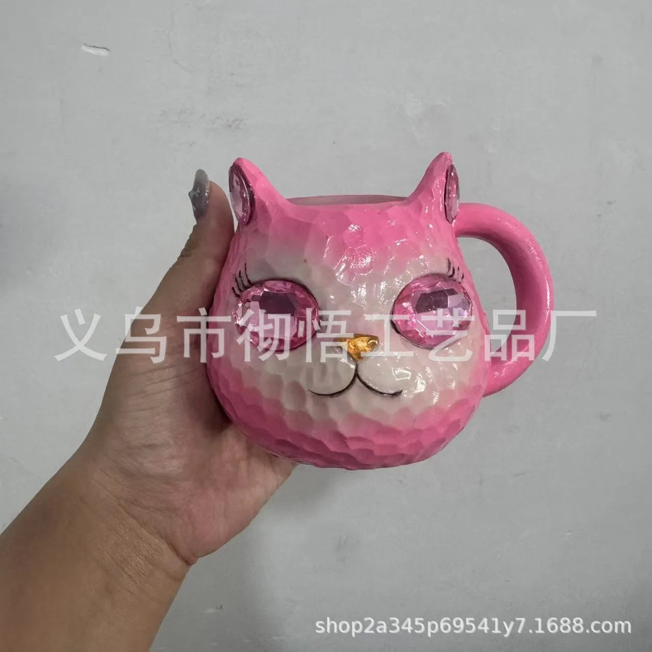 Translucent resin cat cup ornament in American style, shown in purple, green, blue, and pink colour options.