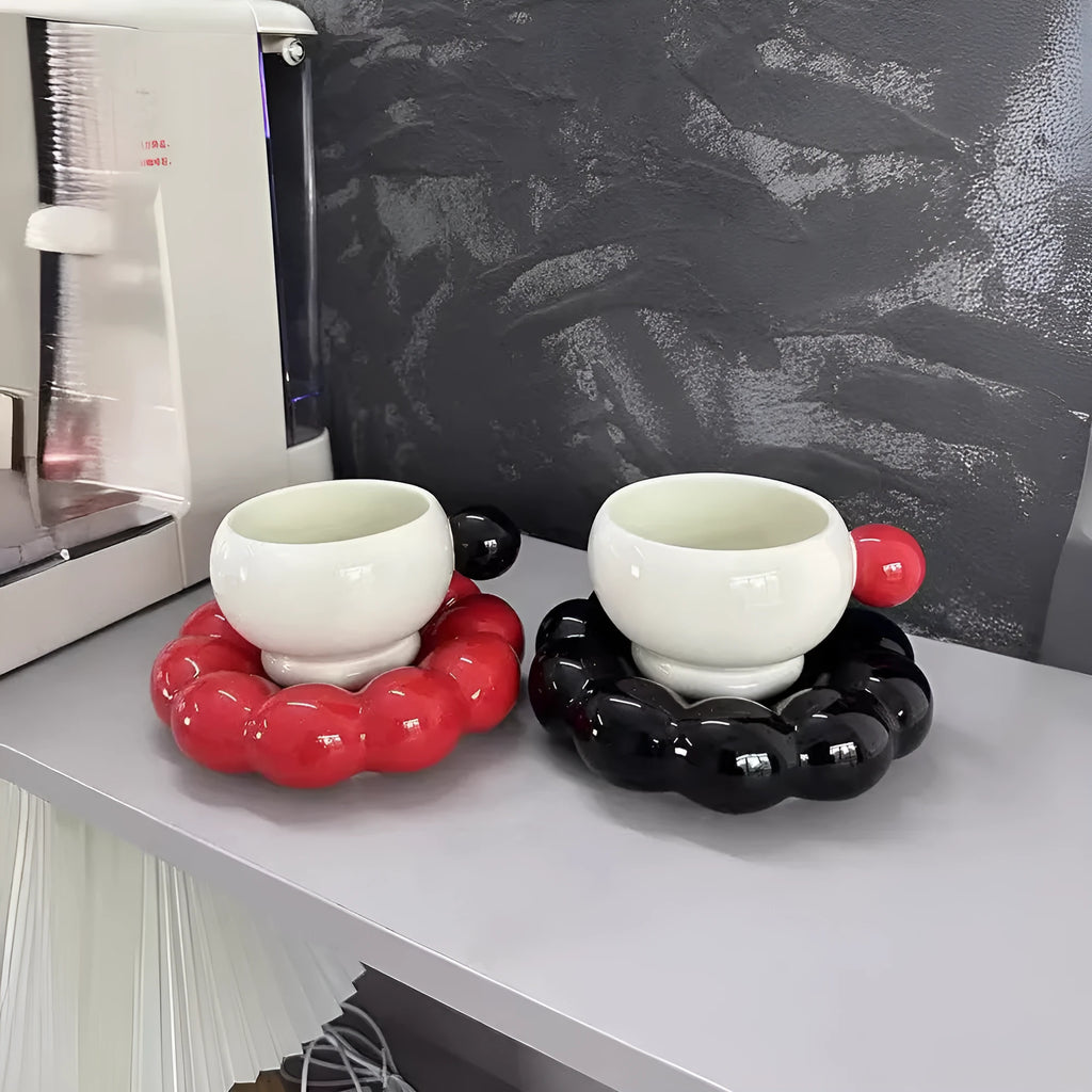 Nordic style ceramic coffee set with a 250ml cup and matching dish on a table.