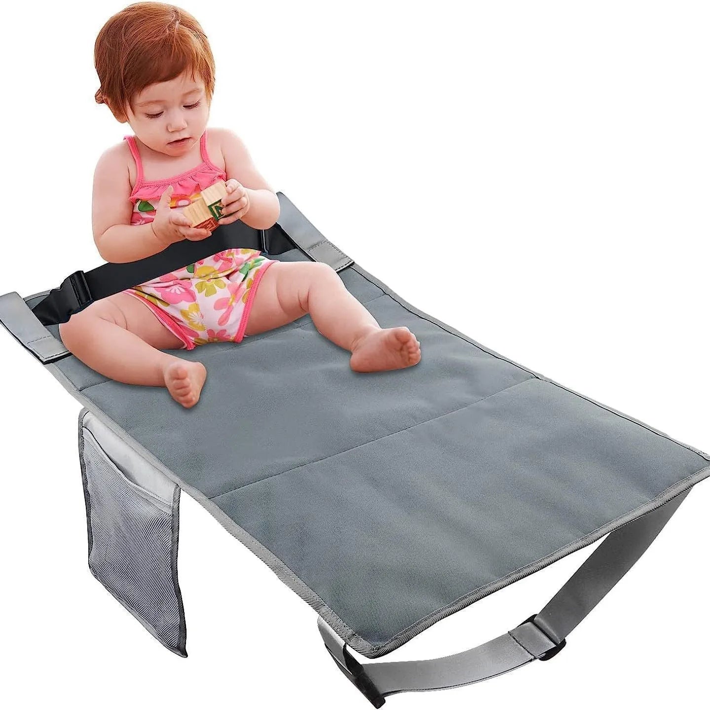 Portable blue children's aircraft seat extender with adjustable pedal device and matching drawstring pocket.