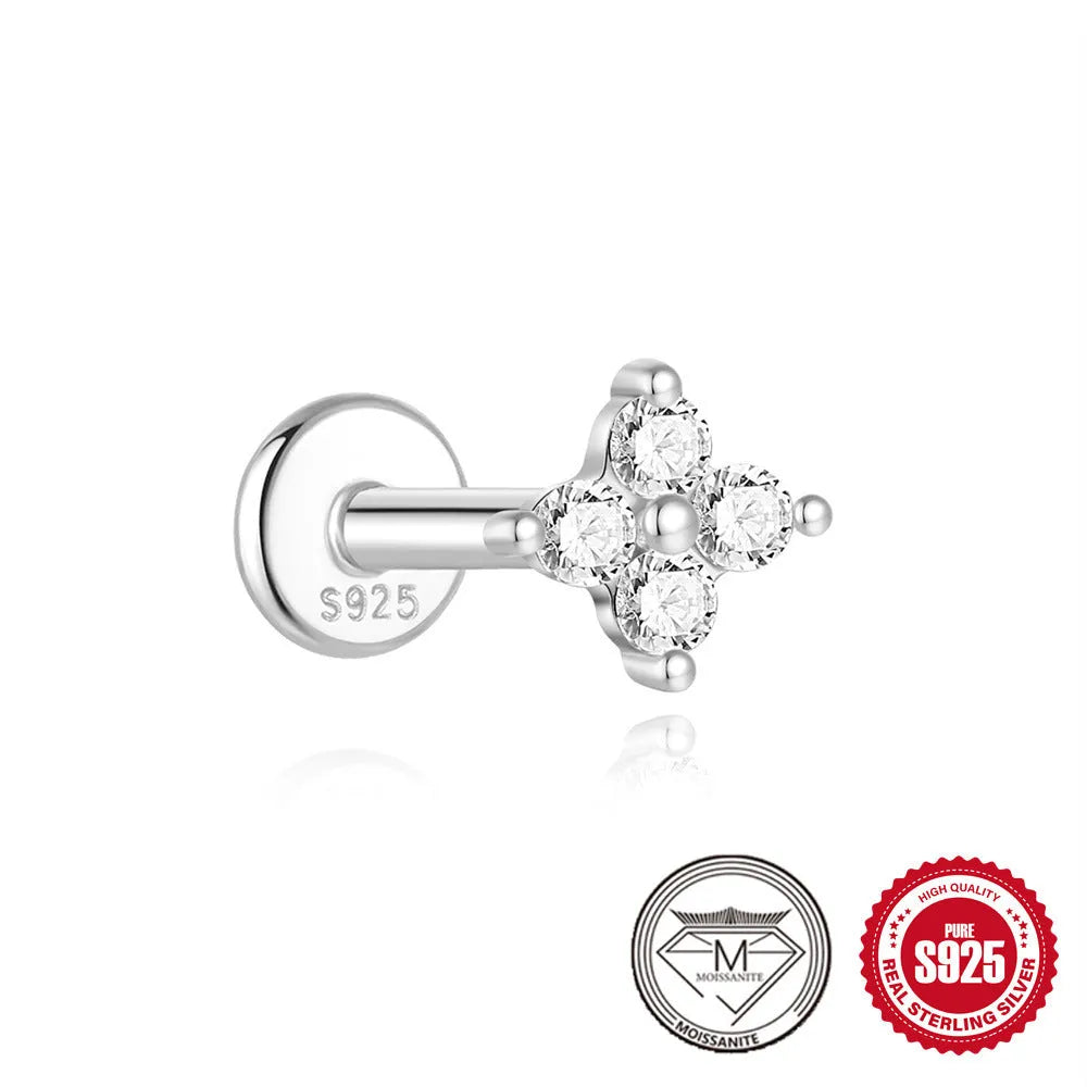 S925 sterling silver geometric stud earrings with petal diamond debris detailing in platinum colour finish