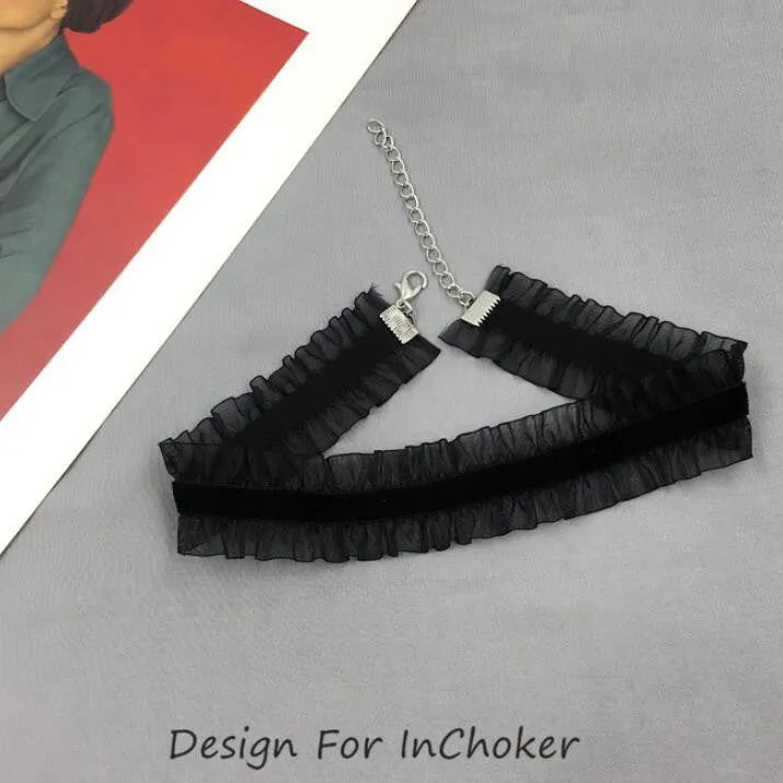 Velvet ruffled flower pendant necklace with snake bones chain in black, light coffee or white options