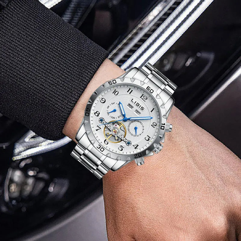 Men's silver steel automatic perpetual calendar mechanical watch with business style design