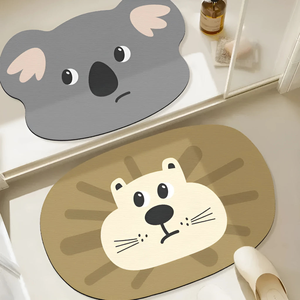Diatomaceous earth bathroom mat with cartoon animal design in alien shape, non-slip absorbent surface