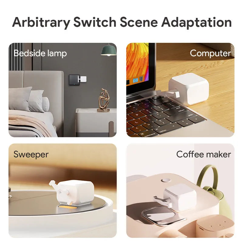 Small white Bluetooth rocker arm finger robot with remote control on a table.
