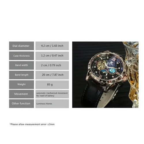 Automatic mechanical watch with large hollow dial showing movement, rose gold case, black face, leather strap