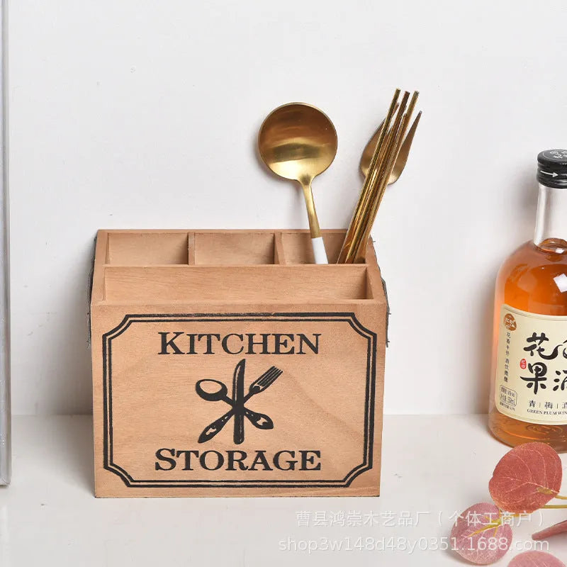 Wooden kitchen storage box with internal grid compartments for organising cutlery and chopsticks