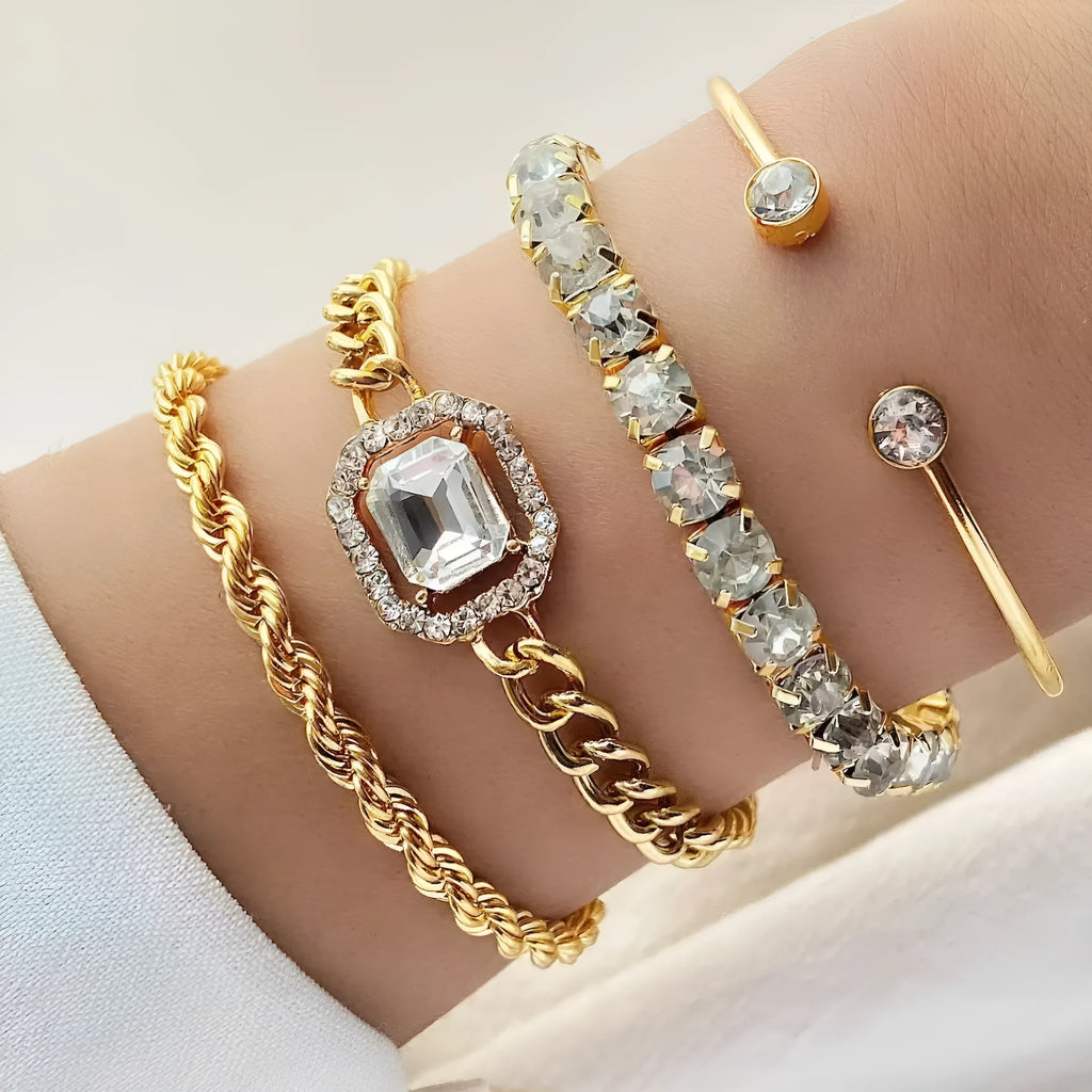 Women's retro geometric metal bracelet four-piece set in gold alloy with square diamond design