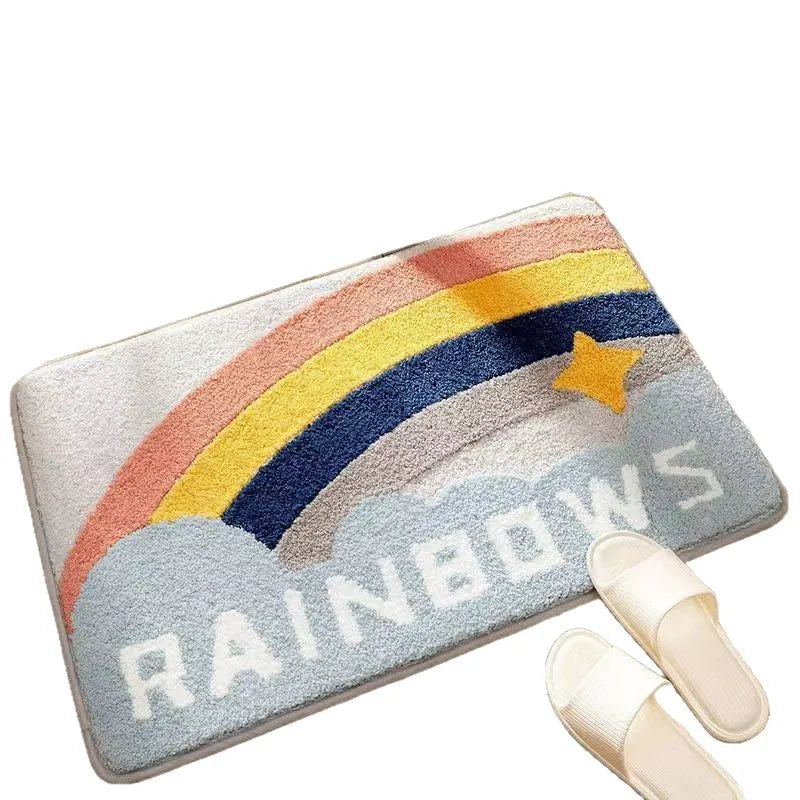 Square rainbow print floor mat with blue Sky Sea colours and a plastic dirt-resistant bottom