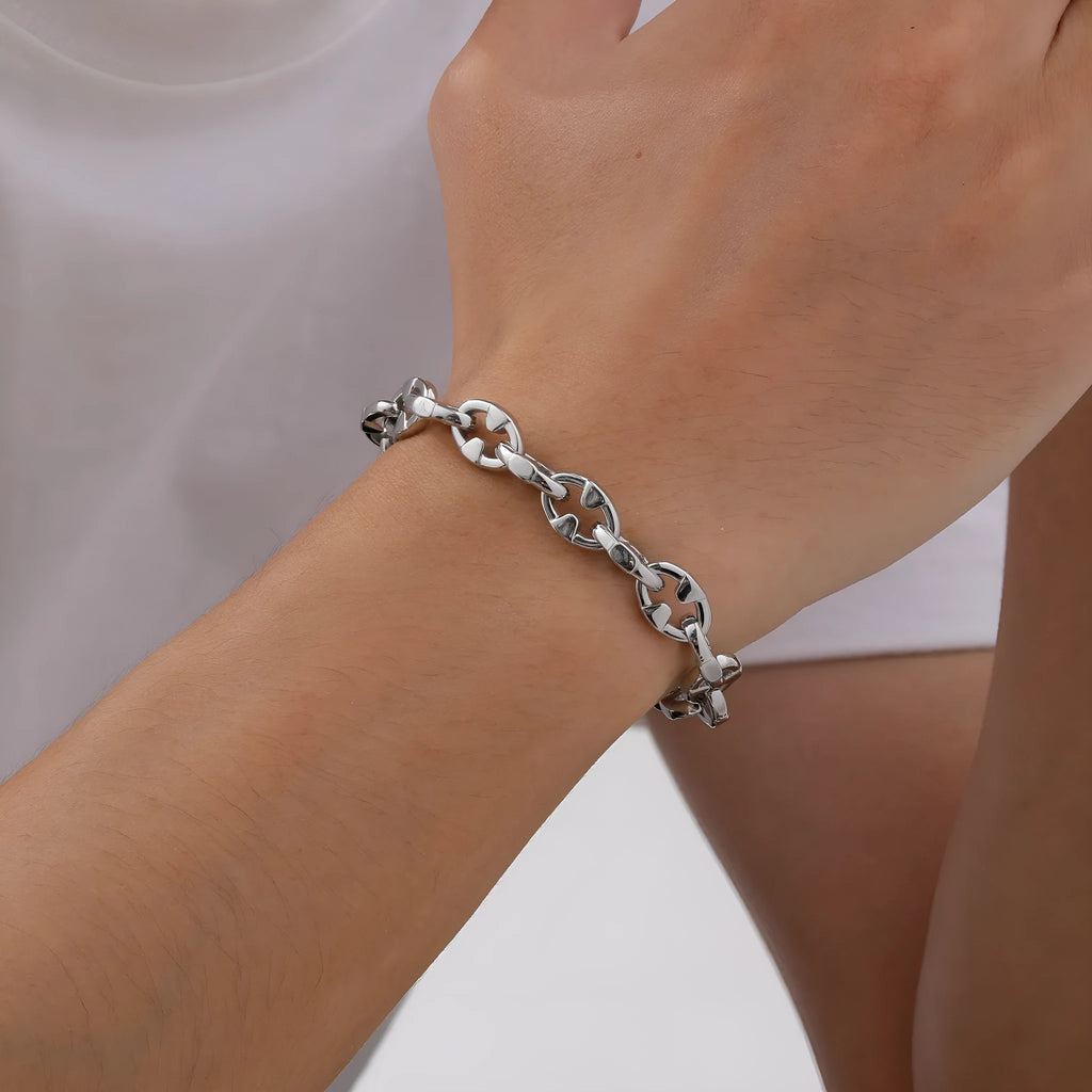 Handmade stainless steel thick chain bracelet with geometric links, steel colour, unisex hip hop style.