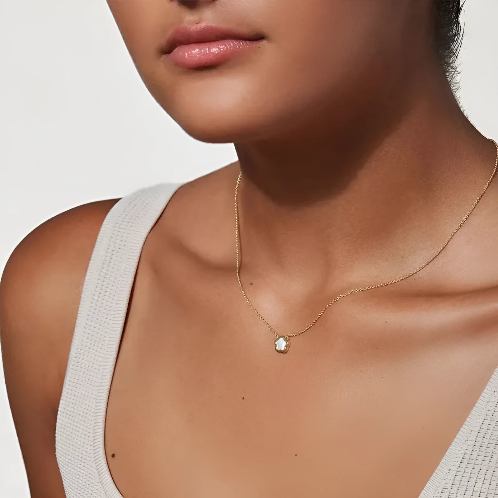 White mother shell flower necklace with floral pendant on gold or silver chain