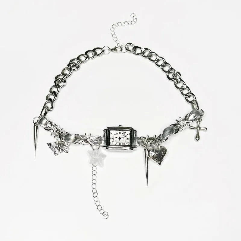 Dark multi-layer cross necklace with twin clavicle chains and adjustable 41-50cm chain