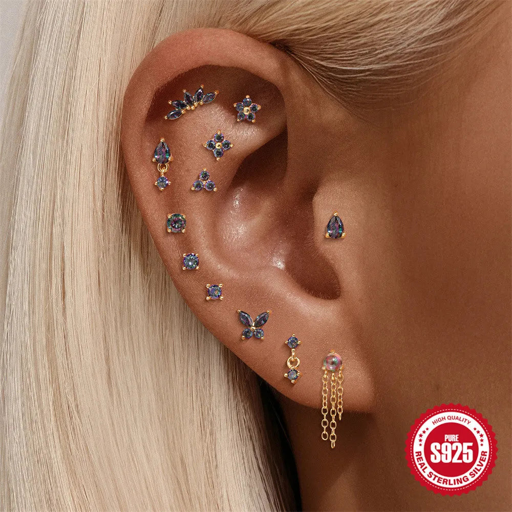 S925 sterling silver thread piercing earring with super shiny rainbow stone flat head in single gold colour.