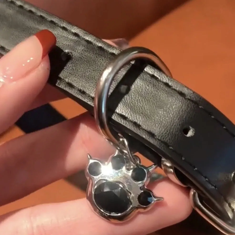 Black adjustable dog collar with small bell charm shown in leather, bone, and cat's paw designs.