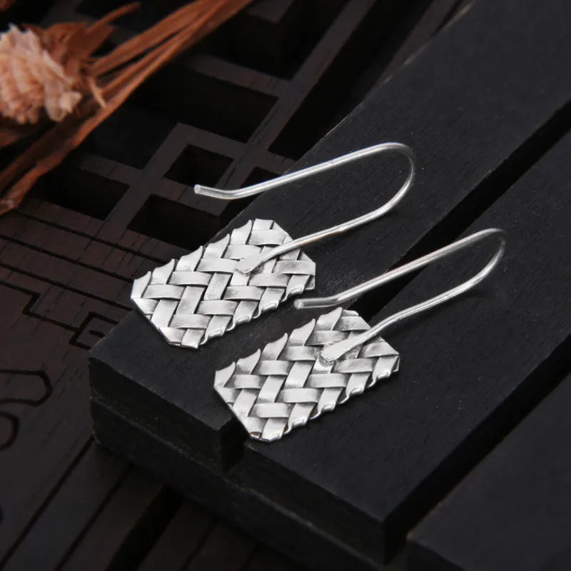 Silver geometric woven diamond plaid drop earrings on 925 sterling silver posts