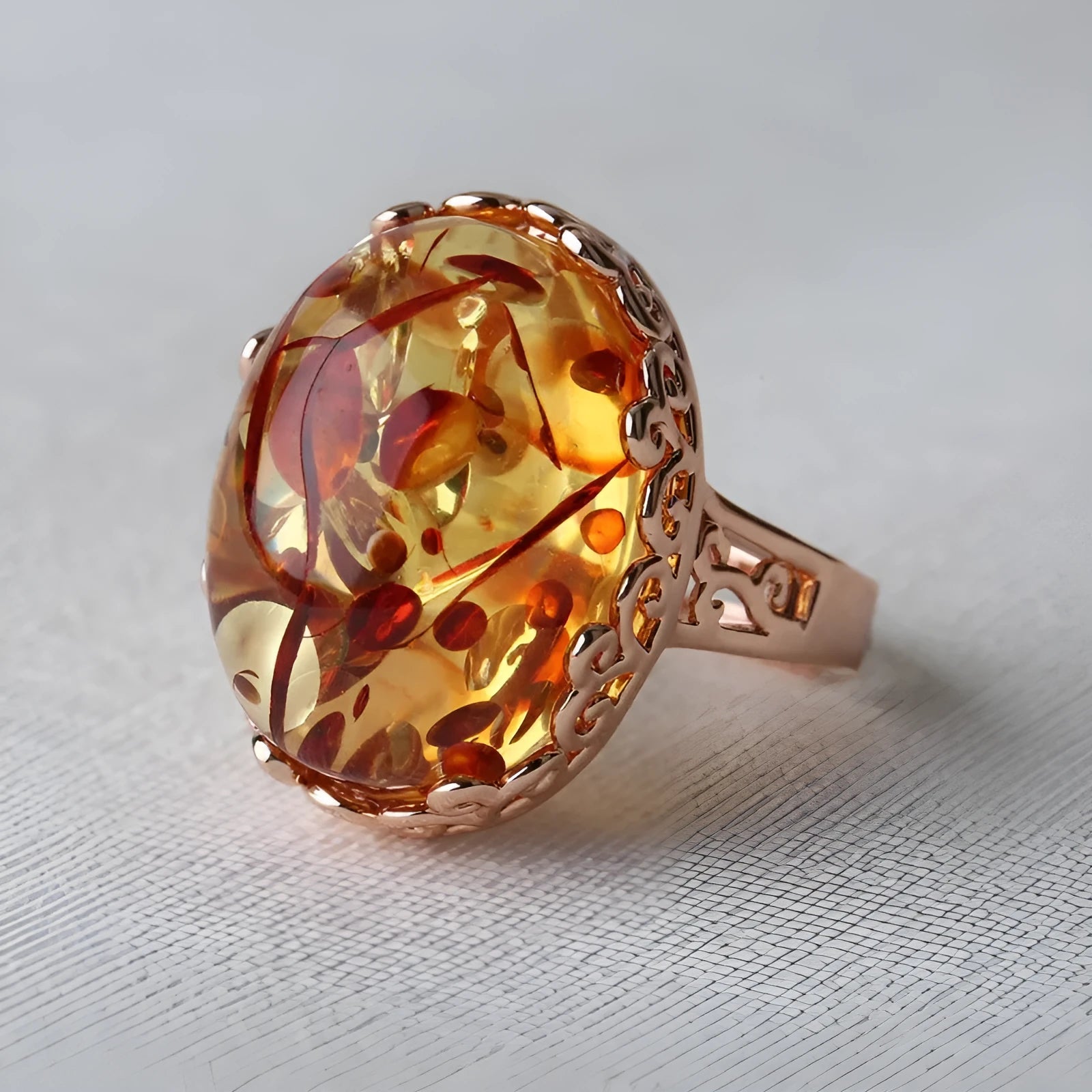 Amber beeswax ring with New Amber Type A colour on alloy band, ethnic retro style jewellery