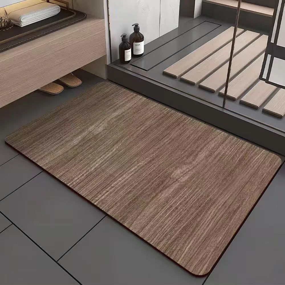 Square American style wood grain patterned diatom ooze bathroom floor mat on a tiled floor.