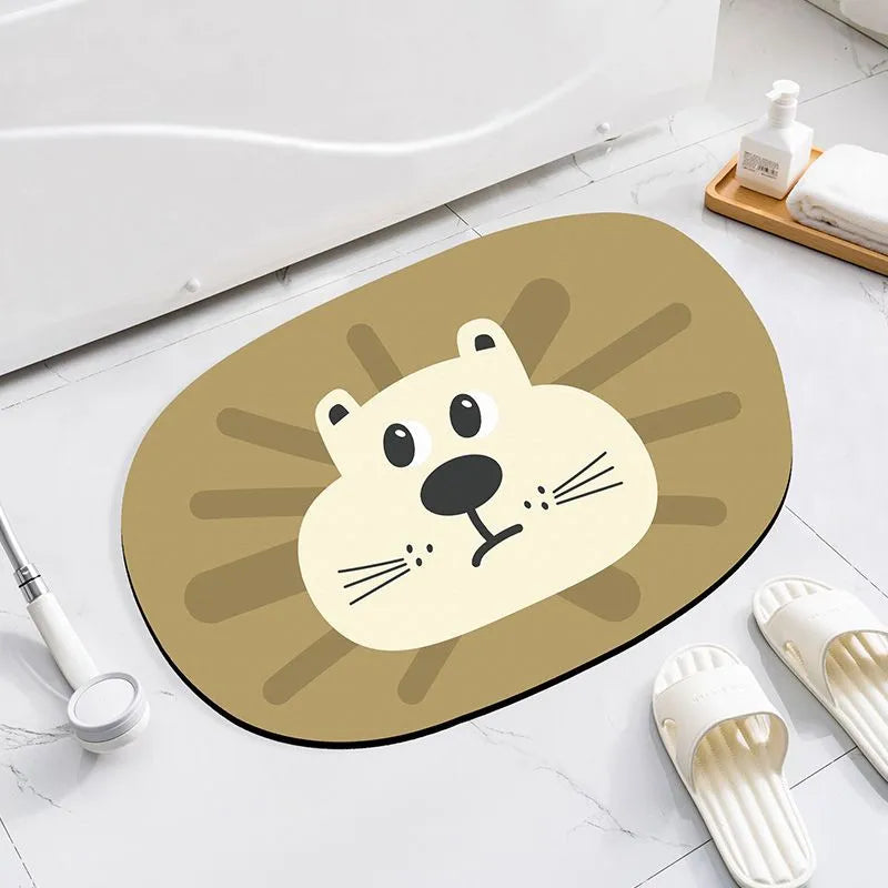 Diatomaceous earth bathroom mat with cartoon animal design in alien shape, non-slip absorbent surface