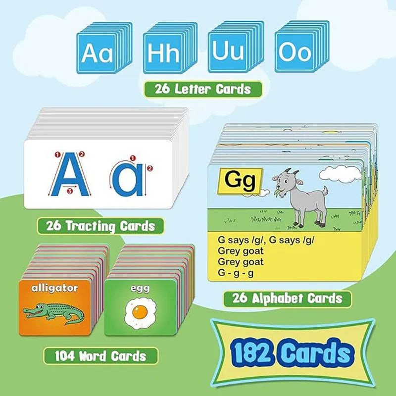 Blue alphabet learning sleeve table with word and letter cards laid out on its wipeable PVC surface.